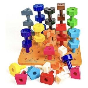 Skoolzy Toddler Stacking Peg Board Set, 36 Pegs, 12 Shapes & 12 Colors